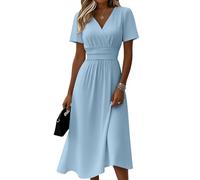 Damenkleidung Damen Lang Tailliert Curvy Sommerkleid Leicht V Ausschnitt Midikleid A Linie Festlich Sommer Kleid Kurzarm Freizeitkleid Maxikleid Elegant(Sky Blue, S)