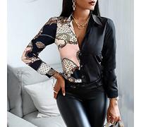 Damenkorsett Mit Langen Ärmeln,Damen Satin Bluse Shirt Pink Print Langarm Vintage Mode Seidenhemden Business Shirt Mit Knopf Sexy Party Tops Lässige Arbeit Bürobluse Für Mädchen Damen,S