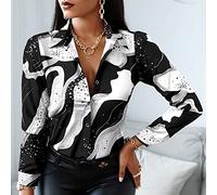 Damenkorsett Mit Langen Ärmeln,Damen Satin Bluse Shirt Schwarz Bedruckt Langarm Vintage Mode Seidenhemden Business Hemd Mit Knopf Sexy Party Tops Casual Arbeit Büro Bluse Für Mädchen Damen,S