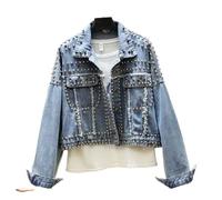 Damenkorsett Mit Langen Ärmeln,Damen Vintage Hand Nieten Nieten Jeans Blusen Shirt Kurz Langarm Lässige Knopfhemd Jacke Blaues Revers Gesteppte Brusttasche Blusen Tunika Leichtes Jeans Sweatshirt Fü