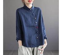 Damenkorsett Mit Langen Ärmeln,Damen Vintage Revers Langarmhemd Blau Baumwolle Leinen Bluse Baggy Mode Hemden Tunika Lässige Button-Down-Hemden Tops Chinesische Kampfkünste Kung Fu Tai Chi Hemd,XL
