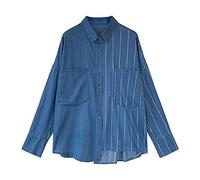 Damenkorsett Mit Langen Ärmeln,Vintage Gestreifte Jeansblusen Für Damen Mit Langen Ärmeln, Lässige Knopfhemdjacke, Blaues Revers, Gesteppte Brusttasche, Blusen, Tunika, Leichtes Jeans-Sweatshirt Für