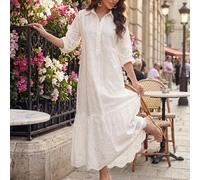 Damenlanges einfarbiges Kleid mit Lochstickerei, modische weiße Sommerkleider für Damen, elegante Sommerkleider für Damen