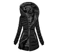 Damenmantel, Winter, gefüttert, Fleece, warm, Langarm, Kapuzenjacke, Reißverschluss, große Größe, dick, Daunen, Baumwolle, Parka, lang, einfarbig, Slim Fit Jacke, #C-Schwarz, 50
