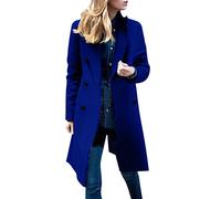 Damenmantel, Winter, lang, elegant, aus Wolle, langärmlig, mit Knopfleiste, elegant, einfarbig, knielang, lässig, für Herbst und Winter, dick, warm, Mantel, Damen, Winter, lang, blau, 42
