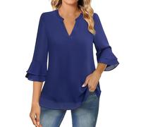 Damenmode Casual Sieben-Punkt-ausgestellte Ärmel doppelte Chiffon-Taille einfarbig V-Ausschnitt Top Ärmel Shirt, blau, M