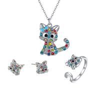 Damenmode farbige Diamant Cartoon Katze Anhänger Halskette Ring Ohrring Set Persönlichkeit süßer Schmuck