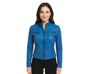 Damenmode, Klassische, Echte Lederjacke in Blau, Schmale Passform