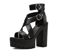 Damenmode Plateau Sandalen Sommer Offene Spitze Rom Stil High Heels Modische Schnalle Gladiator Sandalen mit Absatz Sexy Hochzeit Party Nachtclub Sandalen,Schwarz,41 EU