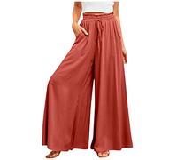 Damenmode Sale, Sommerhose Damen Hose Weites Bein Damen Einfarbig Palazzo Hose High Waist Baggy Freizeithose Mit Kordelzug Luftig Hosenrock Hose Weites Bein Musselin Hose Damen(Orange,M)