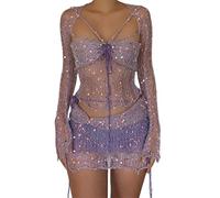 Damenmode Sexy Hohl Pailletten Bandage Tube Top Ein Kleid und mehrere Kleider Kleid Set ältere Damen Rock Badeanzüge, violett, L