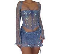 Damenmode Sexy Hohl Pailletten Bandage Tube Top Ein Kleid und mehrere Kleider Kleid Set ältere Damen Rock Badeanzüge, blau, S