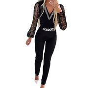 Damenmode V-Ausschnitt Pailletten Mesh Strampler Langarm Tasche Langer Overall Damen Elegant Jumpsuit Hosenanzug Playsuit Romper Langarmshirt Für Hochzeit Bodycon Business Festlich Zweiteiler Damen