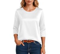 Damenpullover Langarm Bluse Damen Elegant Satinbluse 3/4 Arm Pullover Rundhals Festliche Blusen für Büro Freizeit Outfit Casual Tops L White