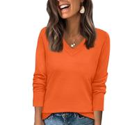 Damenpullover Langarm Feinstrickpullover Langarmshirt V-Ausschnitt Strickpullover Einfarbig Winterpullover Herbst Winter Warmer Strickpulli Loose Fit Oberteile Pulli Sweatshirt Orange XXL