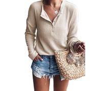 Damenpullover Langarm Waffel Stricktop Blusen Casual Henley Shirt Locker Rundalsausschnitt Tshirt mit Knöpfe