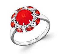 Damenring aus 925er Silber mit roten Koralle HTS und farblosen und roten Zirkonia SOKOLOV Jewelry
