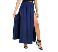 Damenrock, doppelt geteilt, langer Maxirock, einfarbig, Basic, zwei Seitenschlitzen, navy, 38-40