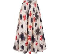 Damenrock, Leopardenmuster, Midi-Röcke, lange Raffung, hohe Taille, A-Linien-Röcke, Rot mit Blumenmuster, XX-Large