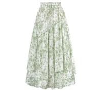 Damenrock mit Blumenmuster, Boho-Rock, elastisch, hohe Taille, Lange Maxi-Röcke mit Taschen, Grünes Blumenmuster, Klein