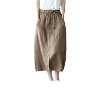 Damenrock mit hoher Taille, lässiger Sommerrock, Vintage-Stil, lockere Baumwolle, Leinen, A-Linie, langer Rock mit Gürteln, khaki, S
