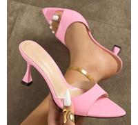 Damenschuhe mit hohem Absatz, spitzer Zehenform, glänzendes Kunstleder, buntes Material, sexy Pantoletten, elegante rosa Sandalen für Party, Outdoor,