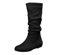 Damenstiefel, mittelhoch, Übergröße, flach, breit, Waden-Stiefel für Damen, Wildleder, bequem, warm, mit seitlichem Reißverschluss, einfarbig, rutschfest, Westernstiefel, Schwarz , 36 EU