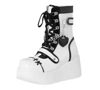 Damenstiefel, Plateauschuhe, runde Spitze, Gothic, Punk, mit Schnürung und Schnallen, Keilabsatz, Patchwork, elegant, rutschfest, bequem, Damenschuhe, Herbst und Winter, weiß, 38 EU