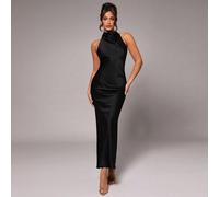 Damenstil, einfarbig, Schwarz, Satin, Date Mature, asymmetrisch, asymmetrisches Twist-Kleid, Spitzenkleid, Satinkleid, Satinkleid, formelles Kleid, ge