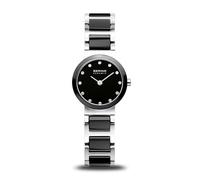 BERING Damen Quarz Uhr | Armbanduhr 25 mm silbernes Edelstahlgehäuse und schwarzes Zifferblatt | Edelstahlband mit Keramikelementen | 5 ATM | 10725-742