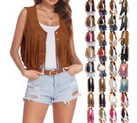 Damenweste Mit Fransen Denim Quaste Fransenweste Cropped Ärmellos Hippie Boho Jacke 70er-Jahre Vorne Offen Genietet Cardigan Outwear Cowgirl Cowboy Outfit Bierfest Karneval Faschingskostüme Vest Gilet