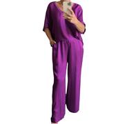 DAMYTION Elegantes glänzendes 2-teiliges Set mit übergroßem V-Ausschnitt, Sommer-Kurzarm-Shirt, weites Bein, 2-teilig, cooler Damenanzug aus Satin, violett, 36