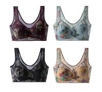 DAMYTION ElleBloom - Ice Silk Lace Kühlender Komfort-BH, Knopfloser Komfort-BH, Nahtloser Drahtloser Push-Up-BHs für ältere Menschen, 4 Stück - A, XXX-Large
