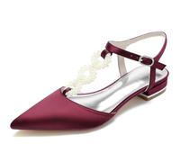 DANOBAB Damen Brautschuhe mit Niedrigem Blockabsatz, Sandalen mit Schnalle, Spitze und Perlenverzierung, Komfortable Hochzeitsschuhe für Braut,Burgundy,40
