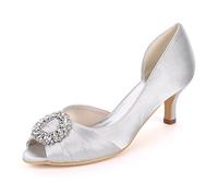 DANOBAB Damen High Heel Pumps mit Strasssteinen Slip-On Satin Mid Kitten Heel, Peep Toe Sandalen, ideal für Hochzeit, Braut und Kleid,Silber,42