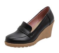 DANOBAB Damen High Heels mit Rundkappe, Keilabsatz, Plateausohle, Geschlossener Zehenbereich, Partyschuhe für Damen in Großen Größen,Schwarz,38
