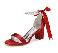 DANOBAB Damen Hochhackige Chunky-Schuhe - Brautschuhe für Braut, Absatzschuhe für Abendparty, Hochzeit, Abschlussball (Prom), Perlen,Rot,37