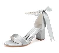 DANOBAB Damen Hochhackige Chunky-Schuhe - Brautschuhe für Braut, Absatzschuhe für Abendparty, Hochzeit, Abschlussball (Prom), Perlen,Silber,42