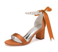 DANOBAB Damen Hochhackige Chunky-Schuhe - Brautschuhe für Braut, Absatzschuhe für Abendparty, Hochzeit, Abschlussball (Prom), Perlen,Orange,41