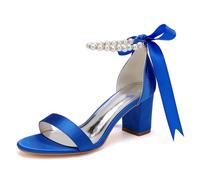 DANOBAB Damen Hochhackige Chunky-Schuhe - Brautschuhe für Braut, Absatzschuhe für Abendparty, Hochzeit, Abschlussball (Prom), Perlen,Blau,43