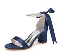 DANOBAB Damen Hochhackige Chunky-Schuhe - Brautschuhe für Braut, Absatzschuhe für Abendparty, Hochzeit, Abschlussball (Prom), Perlen,Dark Blue,38