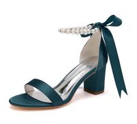 DANOBAB Damen Hochhackige Chunky-Schuhe - Brautschuhe für Braut, Absatzschuhe für Abendparty, Hochzeit, Abschlussball (Prom), Perlen,Navy Blue,41