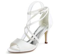 DANOBAB Damen Hochhackige Satin-Sandalen mit Runde Spitze und Kitten Heels, Schnürung am Knöchel, komfortable Party- und Hochzeits-Kleiderschuhe,Weiß,38