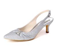DANOBAB Damen Hochheelsandalen mit Knöchelriemen, Schnallverschluss, Spitzen Spitze und geschlossene Zehen, Pump-Schuhe für Braut, Hochzeiten,Silber,37