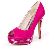 DANOBAB Damen Hochzeitschuhe Hochhacken Braut-Schuhe Mary Jane-Stil aus Satin Open-Toe mit Strasssteinchen niedrige Kittenheels Slip-On für Abendkleider,Rose red,36