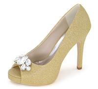 DANOBAB Damen Hochzeitschuhe mit niedrigem Absatz, Abendkleid Peeptoe Brautplattform PU Funkelnde hohe Absätze/Blockabsatz,Gold,35