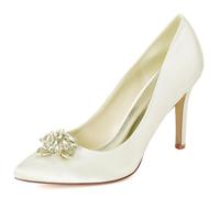 DANOBAB Damen Hochzeitsschuhe für die Braut, Hochhacken, Slip-On, mit Strass, Satin-Bridal-Schuhe, für Abend, Party, Festkleid, Pump-Schuhe,Elfenbein,38