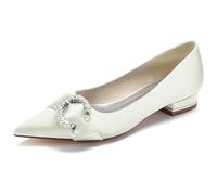 DANOBAB Damen Hochzeitsschuhe mit Spitzzehen & Spitzen Design - Flache Brautschuhe mit Niedrigem Absatz und Strass-Verzierung, Komfortabel & Elegant,Elfenbein,40