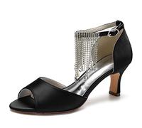 DANOBAB Damen Hochzeitsschuhe Runde Zehe Satin Mary Jane Sandalen Kleid Solide Strass Schnalle Niedrige Chunky Heel Pumps Schuhe 6,5 cm,Schwarz,39
