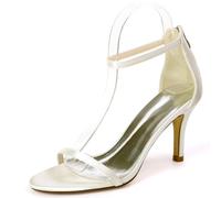 DANOBAB Damen Kitten Heels und Hochheels, Damen Schuhe aus Satin mit Reißverschluss,Offene Spitze Heels Sandalen, Hochzeitsschuhe für die Braut,Elfenbein,40